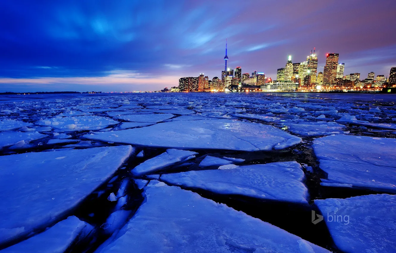 Фото обои лед, небо, облака, пейзаж, ночь, огни, дома, Канада