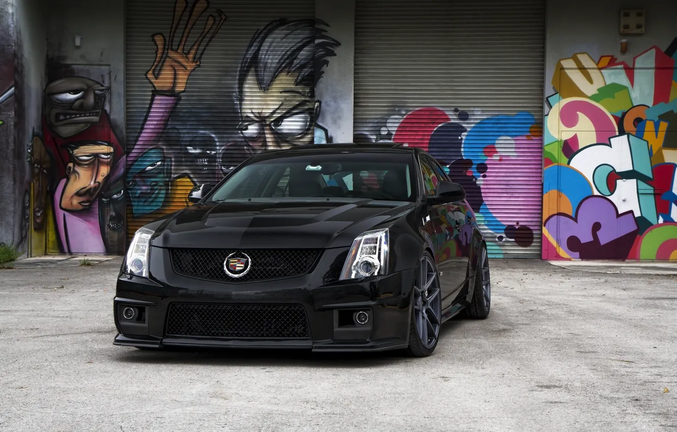 Фото обои чёрный, Cadillac, перед, графити, black, CTS-V, кадилак