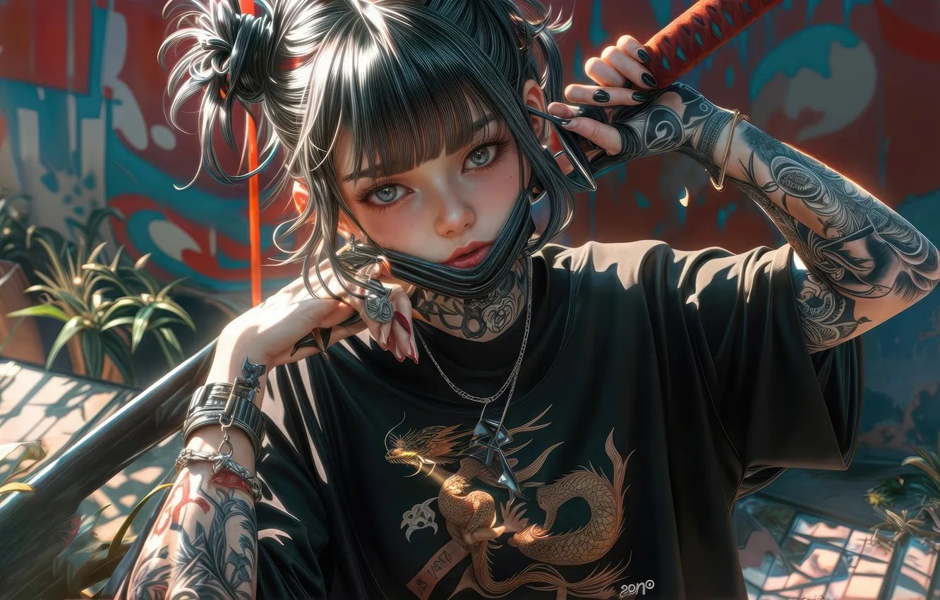 Фото обои Girl, Dragon, Tattoo, Katana, Anime Girl, AI Art, Bracers