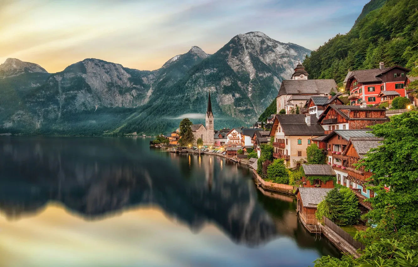 Фото обои горы, озеро, дома, Австрия, Хальштатт