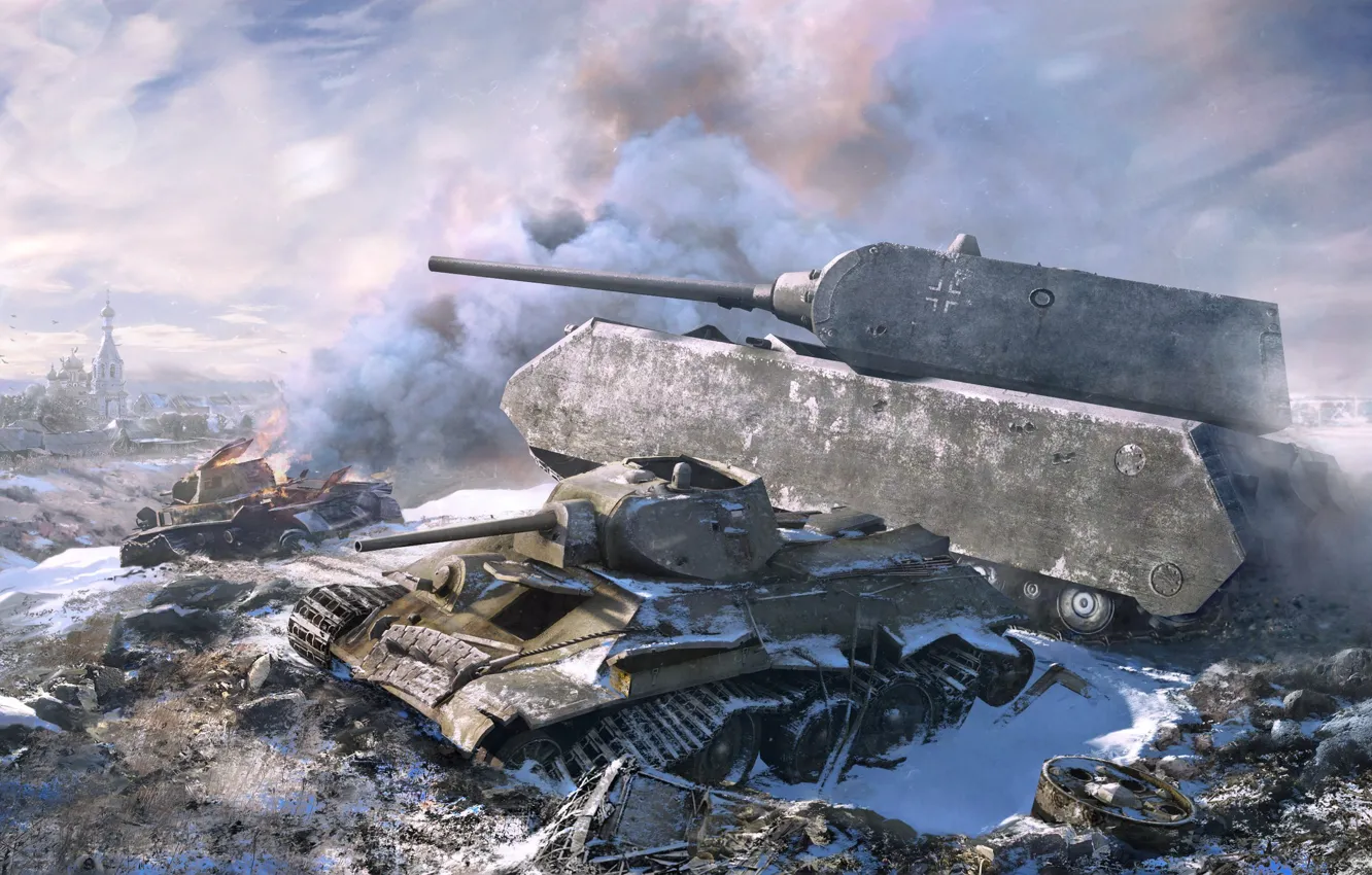 Фото обои зима, война, Т-34, germany, tank, maus