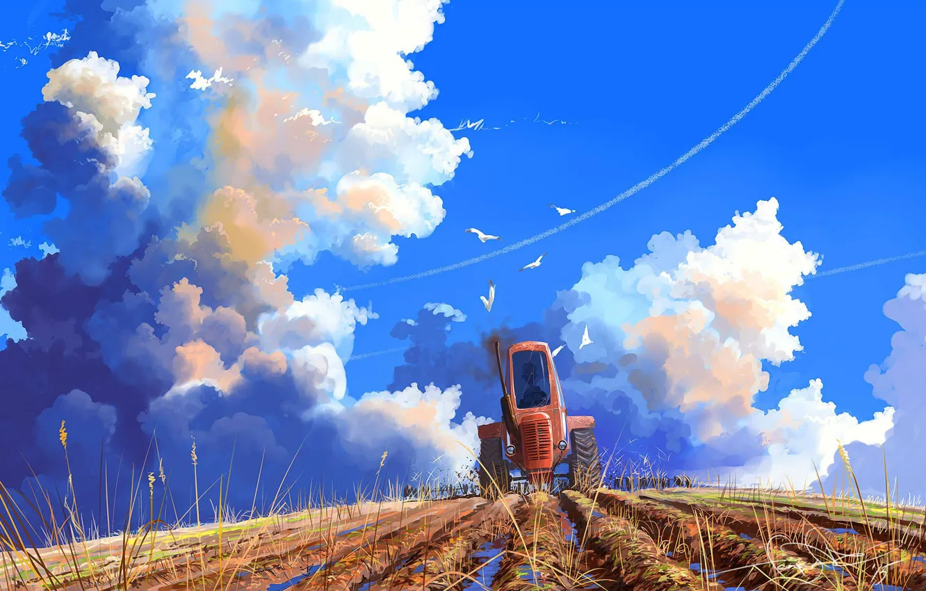 Фото обои поле, небо, облака, настроение, арт, трактор