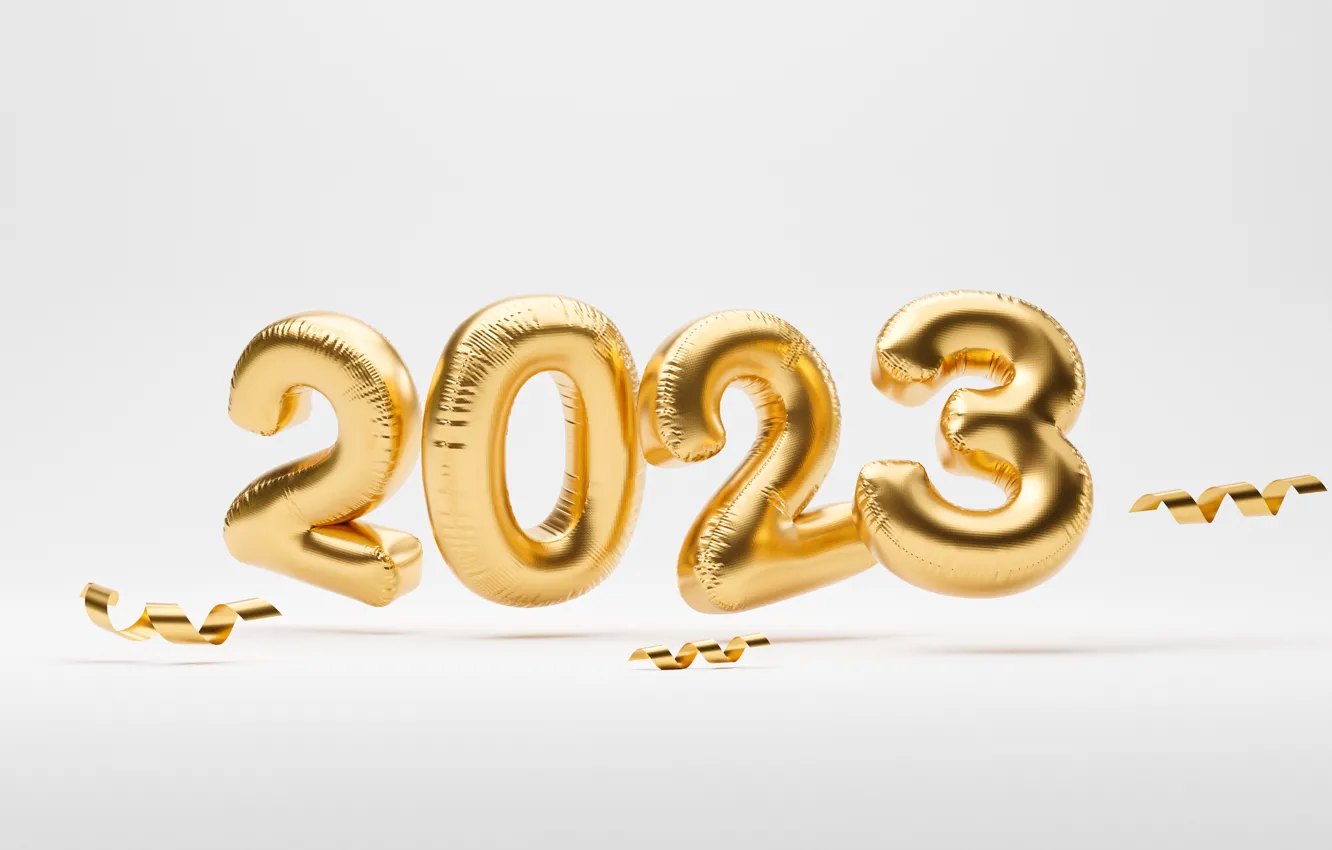 Фото обои цифры, Новый год, светлый фон, золотые, дата, летят, надувные, 2023