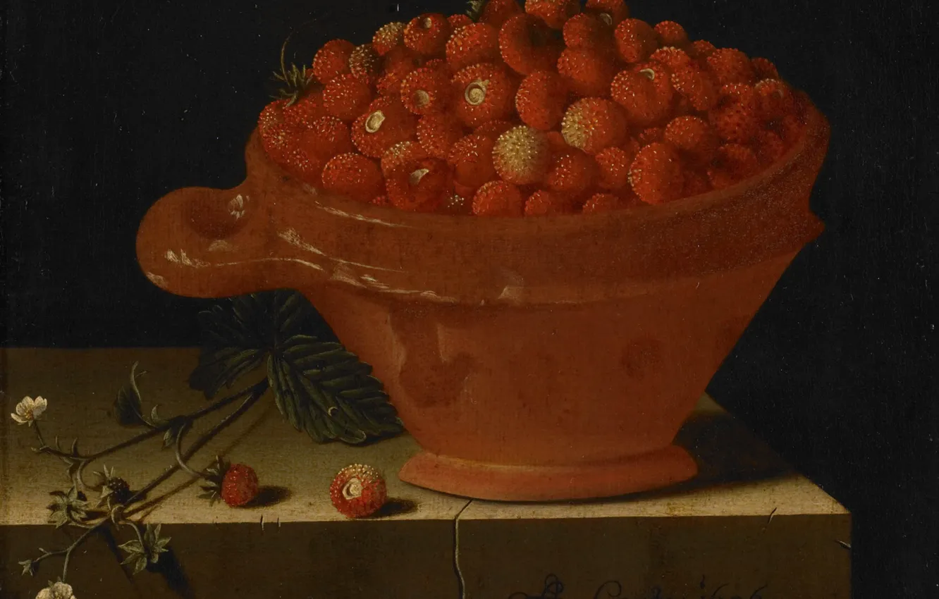 Фото обои ягоды, картина, натюрморт, Адриан Коорт, Тарелка Клубники на Каменном Постаменте