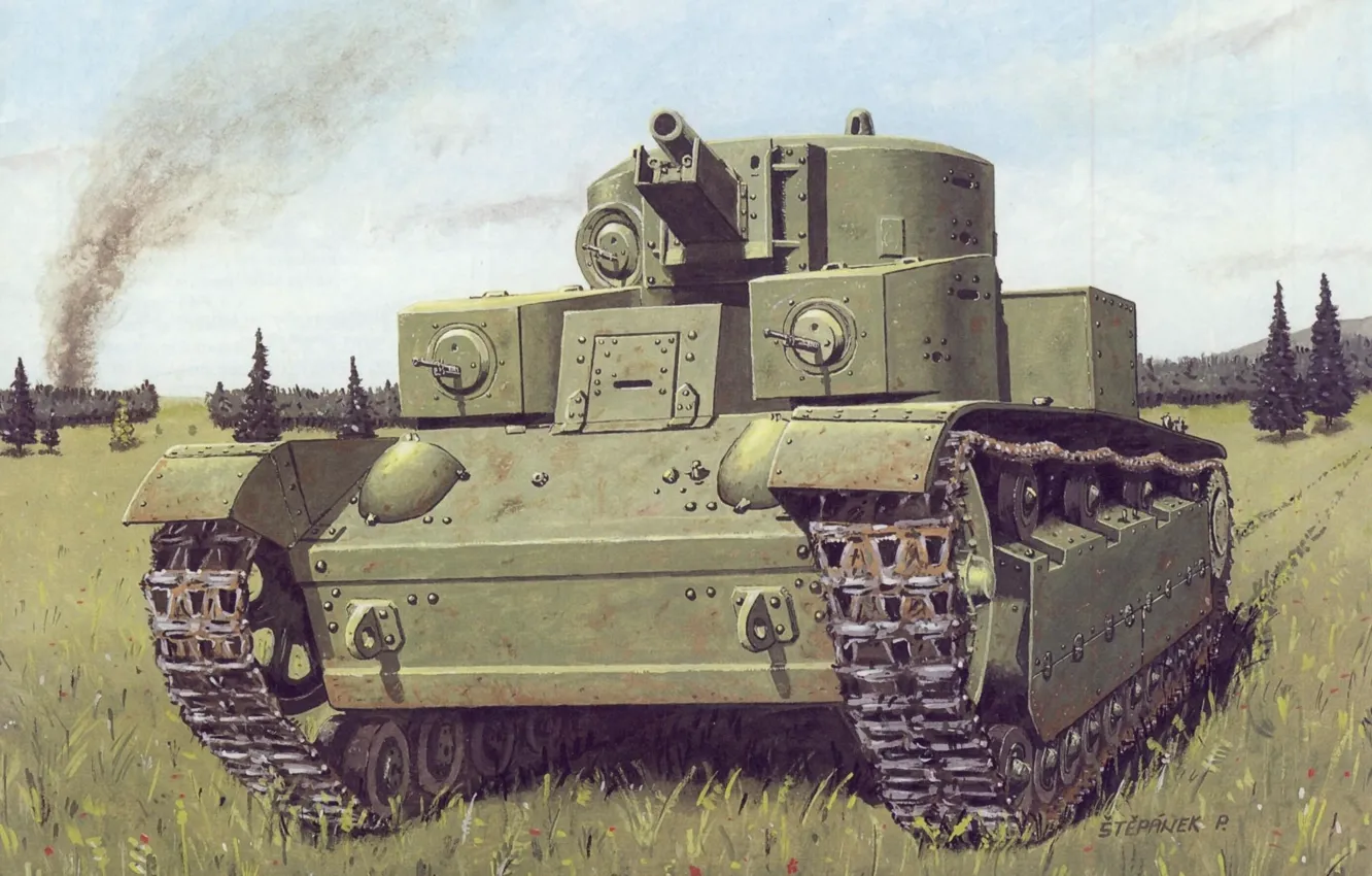 Фото обои поле, рисунок, след, арт, танк, советский, средний, Т-28