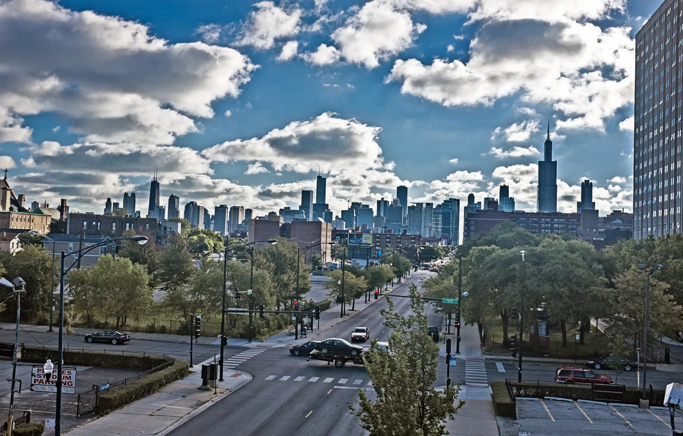 Фото обои машины, движение, улица, небоскребы, Чикаго, USA, Chicago, мегаполис