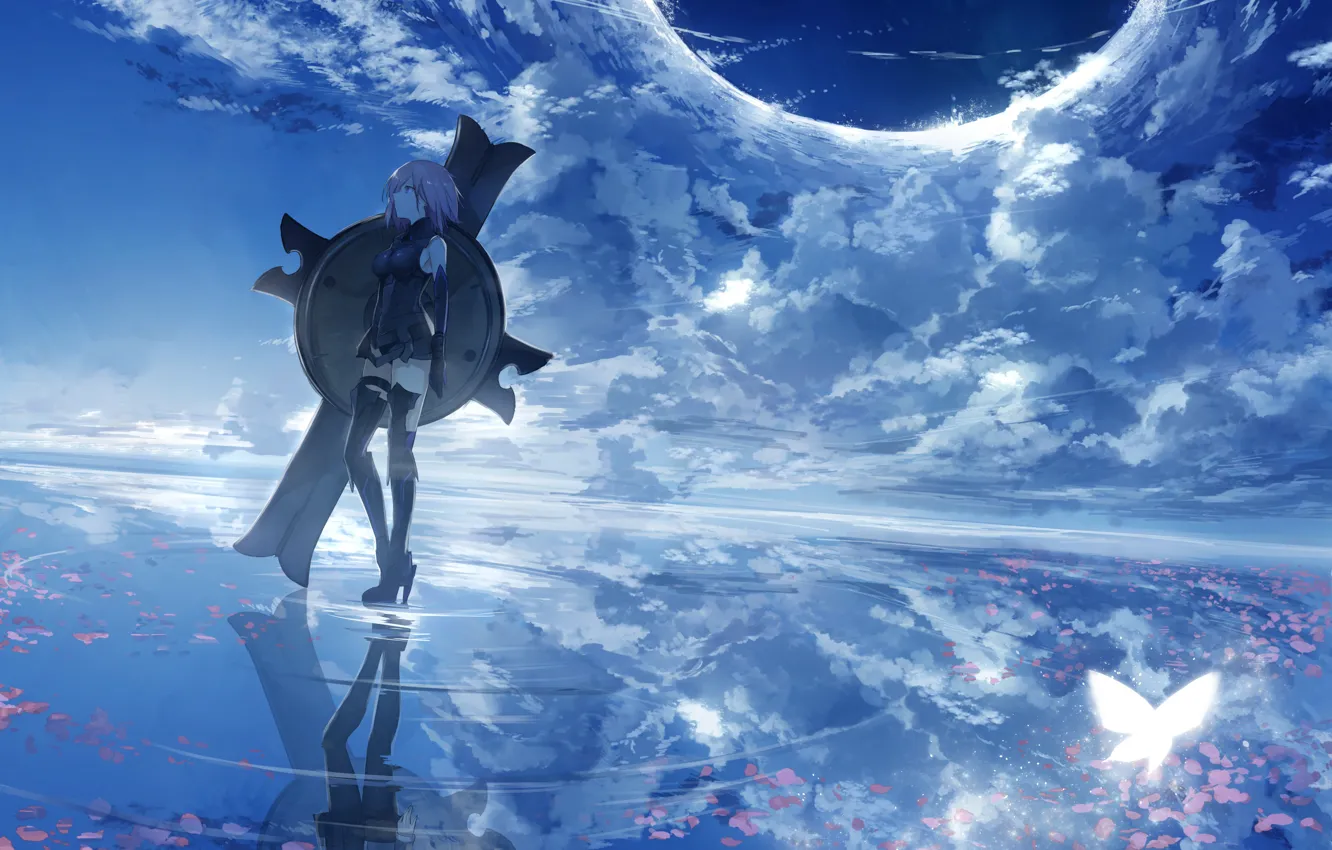 Фото обои небо, девушка, облака, щит, Fate / Grand Order, Судьба великая кампания