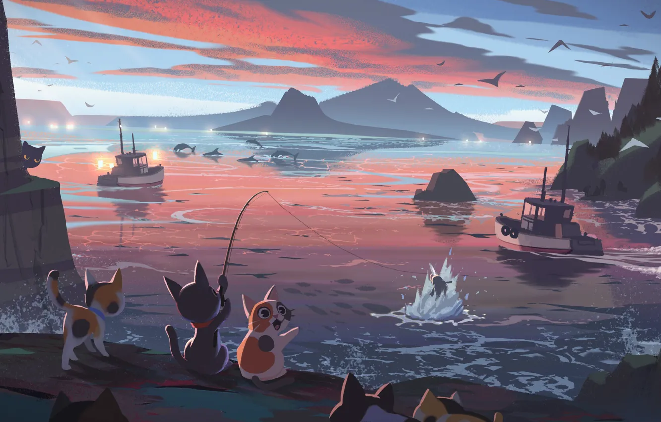 Фото обои рыбалка, дельфины, удочка, котики, буксиры, розовые облака, берег моря, скалистый берег