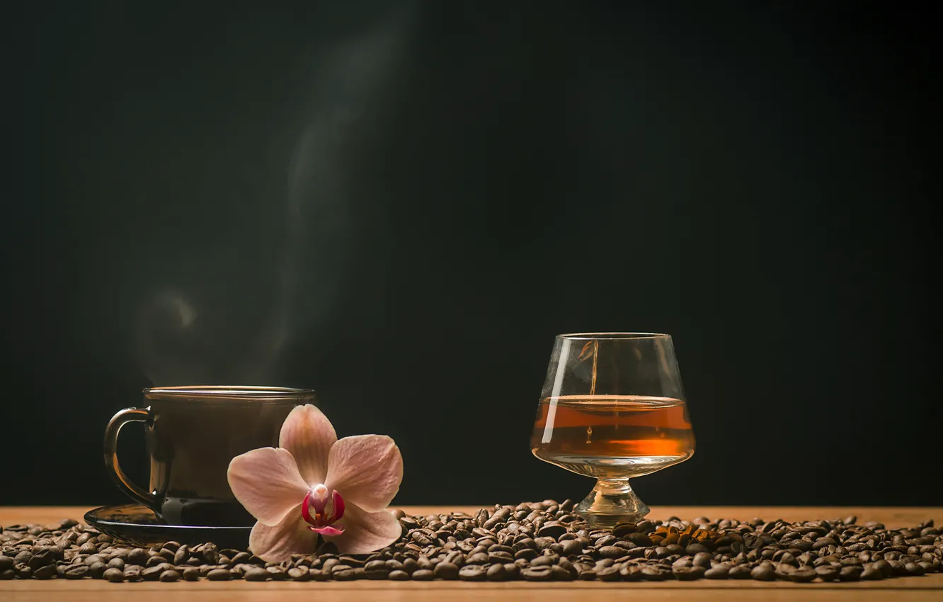 Фото обои кофе, зерна, чашка, напитки, виски, орхидея, рюмка
