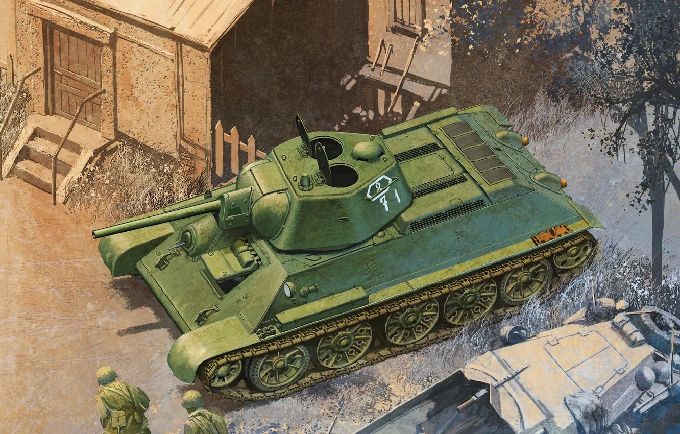 Фото обои Рисунок, Танк, Советский, Т-34/76, Средний, 1942 года, 5 Ф-34, Тридцатьчетвёрка
