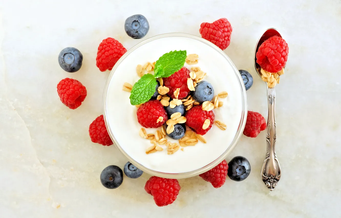 Фото обои ягоды, завтрак, мюсли, йогурт