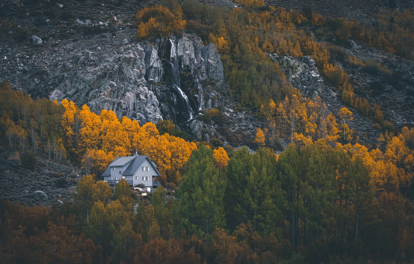 Фото обои house, forest, trees, autumn, mountains, rocks, landscapes, home