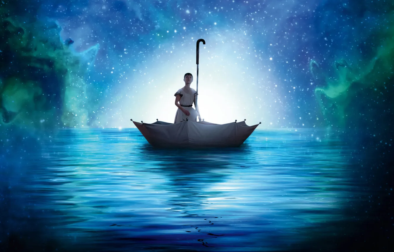 Фото обои вода, девушка, звезды, ночь, зонтик, Cirque du Soleil: Сказочный мир, Cirque du Soleil: Worlds Away