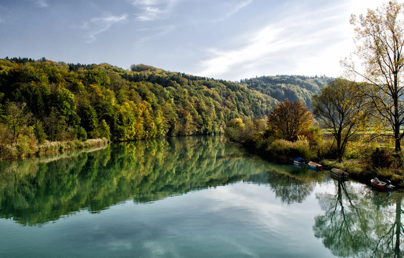 Фото обои зелень, лес, вода, деревья, река, лодки