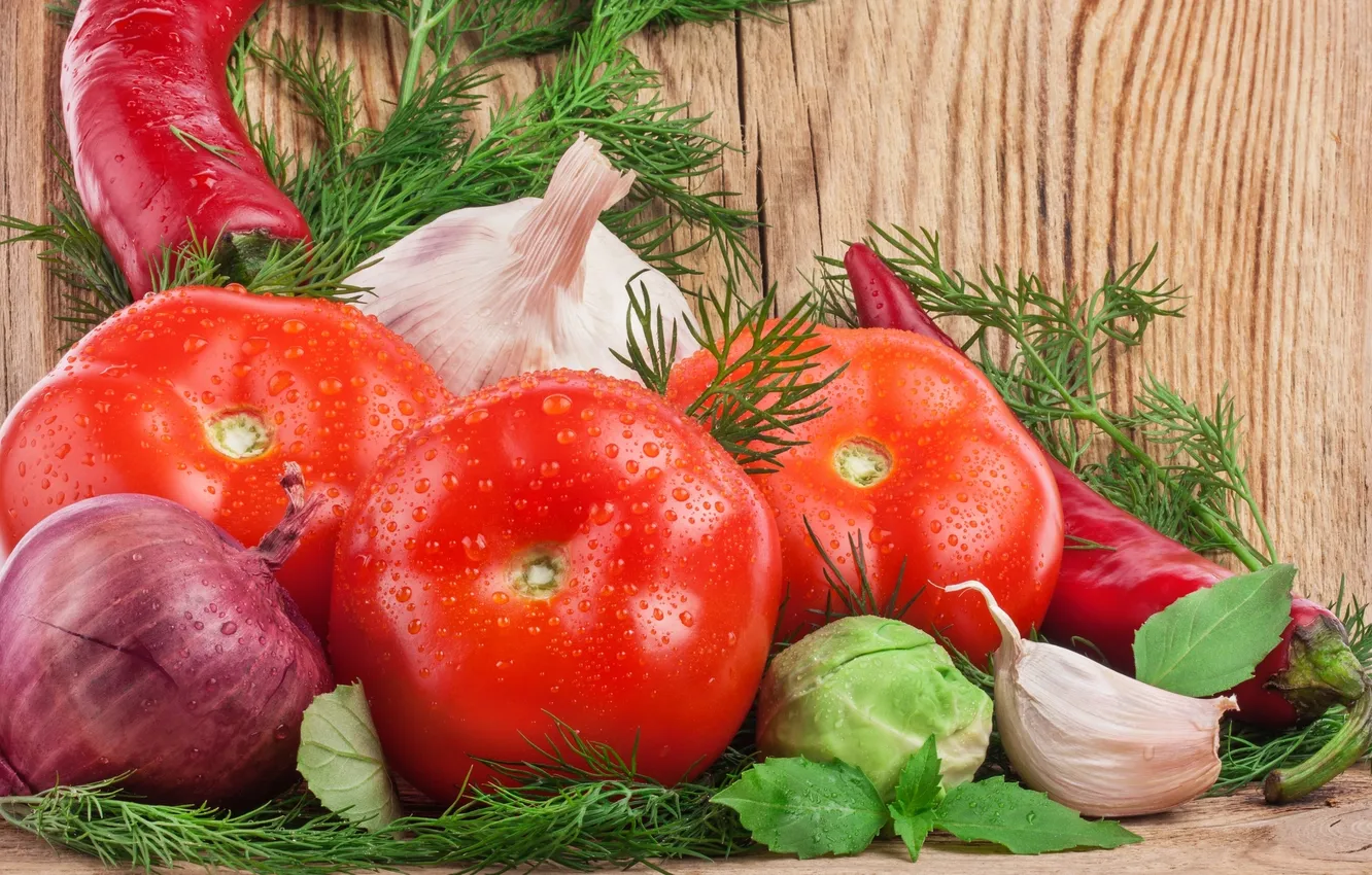 Фото обои лук, укроп, перец, овощи, помидор, капуста, чеснок, pepper