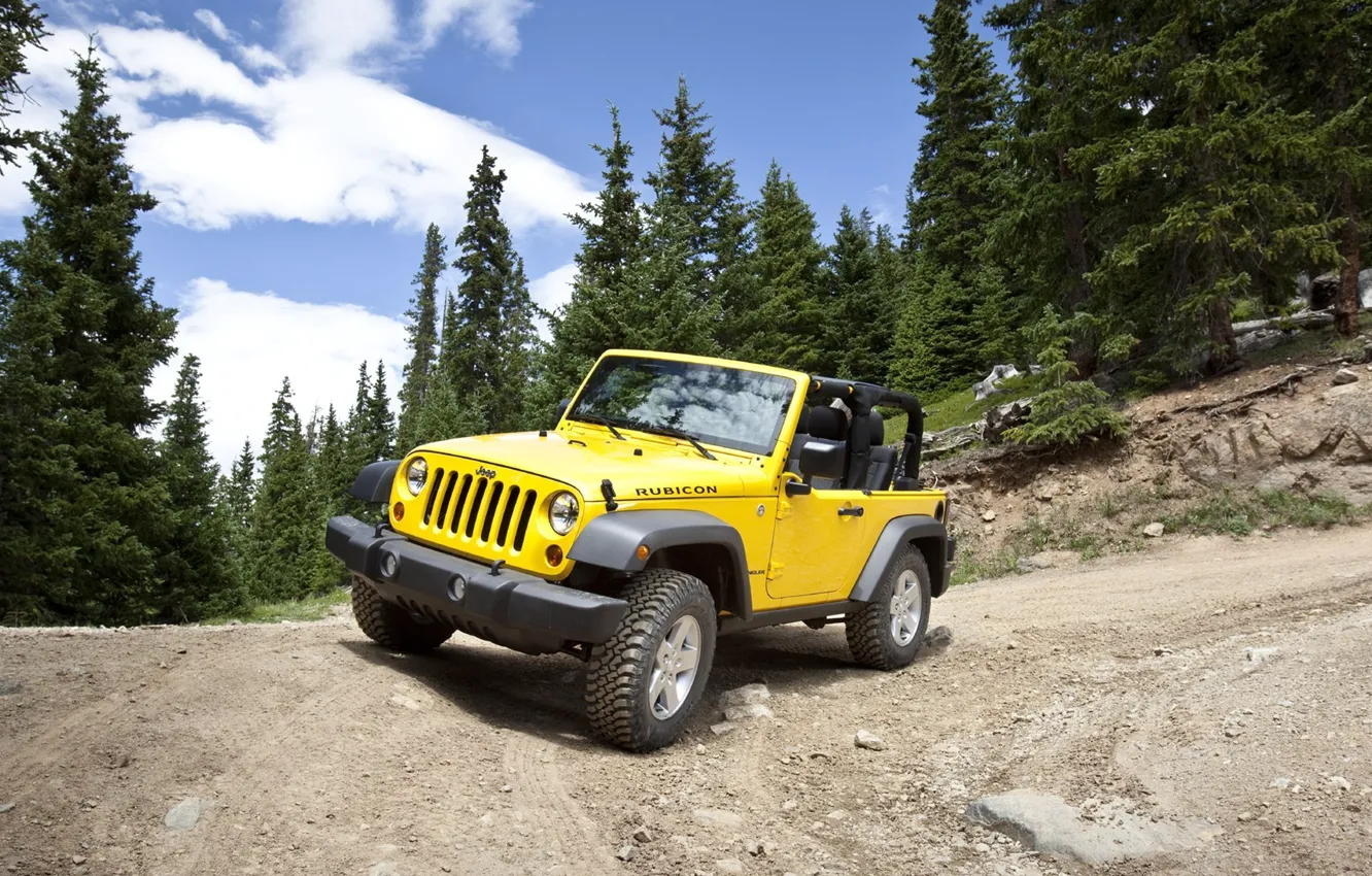Фото обои дорога, жёлтый, джип, серпантин, Jeep Wrangler 2011