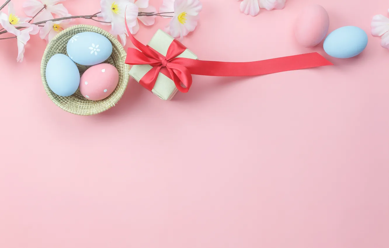 Фото обои цветы, фон, розовый, подарок, яйца, весна, Пасха, wood