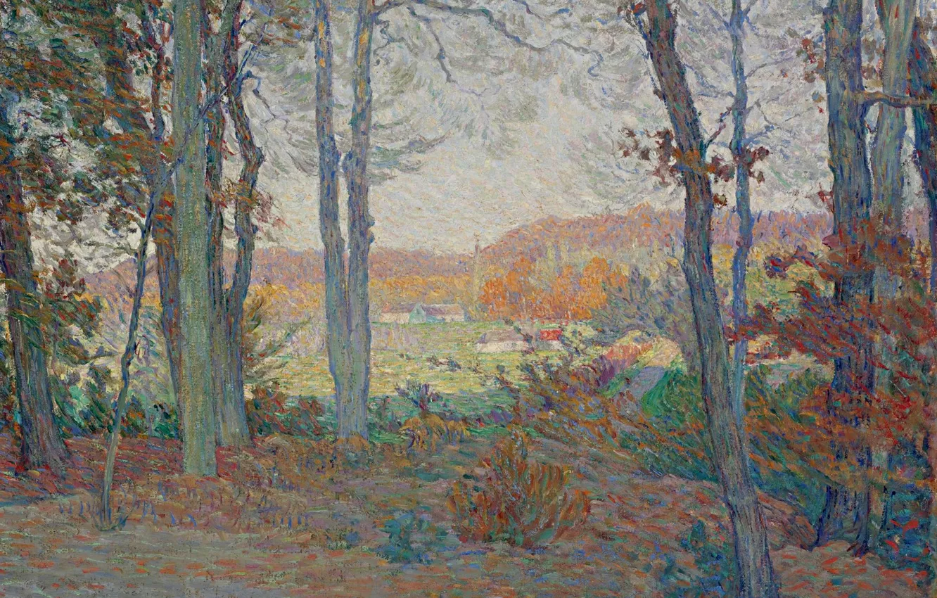 Фото обои осень, лес, пейзаж, дом, Анри Лебаск, Landscape with House in the Woods in Saint Thomas