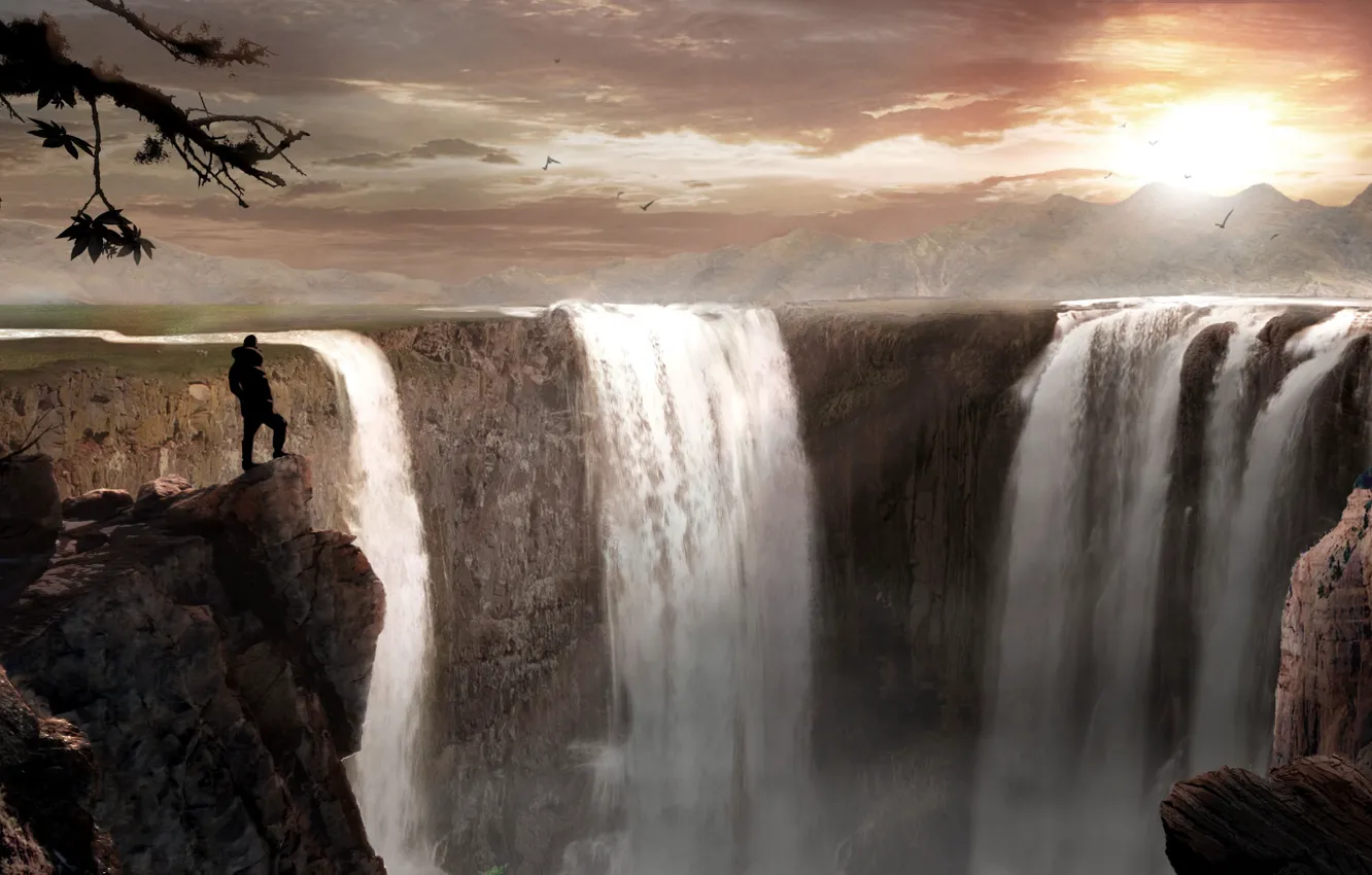 Фото обои пейзаж, закат, горы, человек, арт, пропасть, водопады