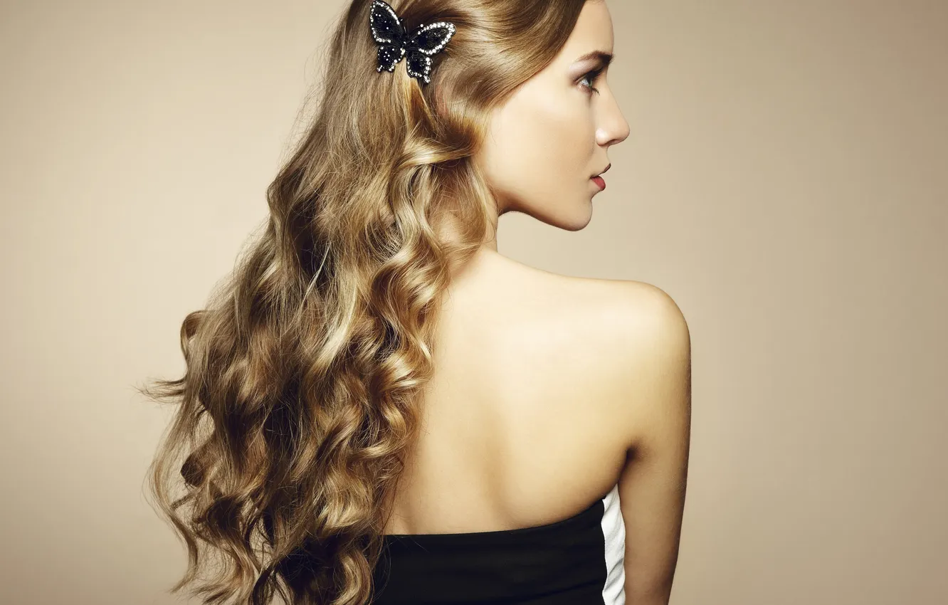 Фото обои взгляд, девушка, фон, бабочка, платье, профиль, украшение, длинные волосы