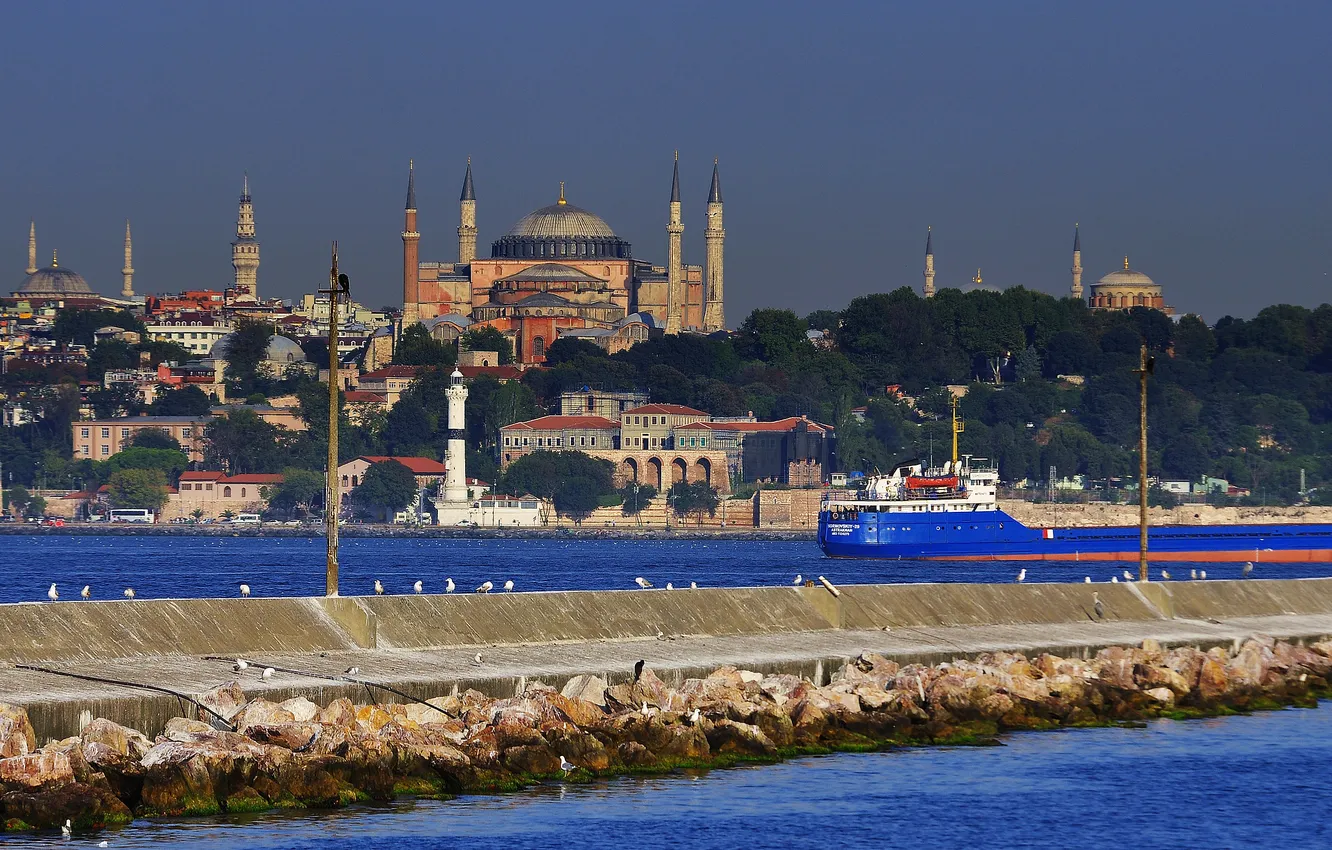Фото обои море, птицы, пролив, корабль, мечеть, Стамбул, Турция, минарет