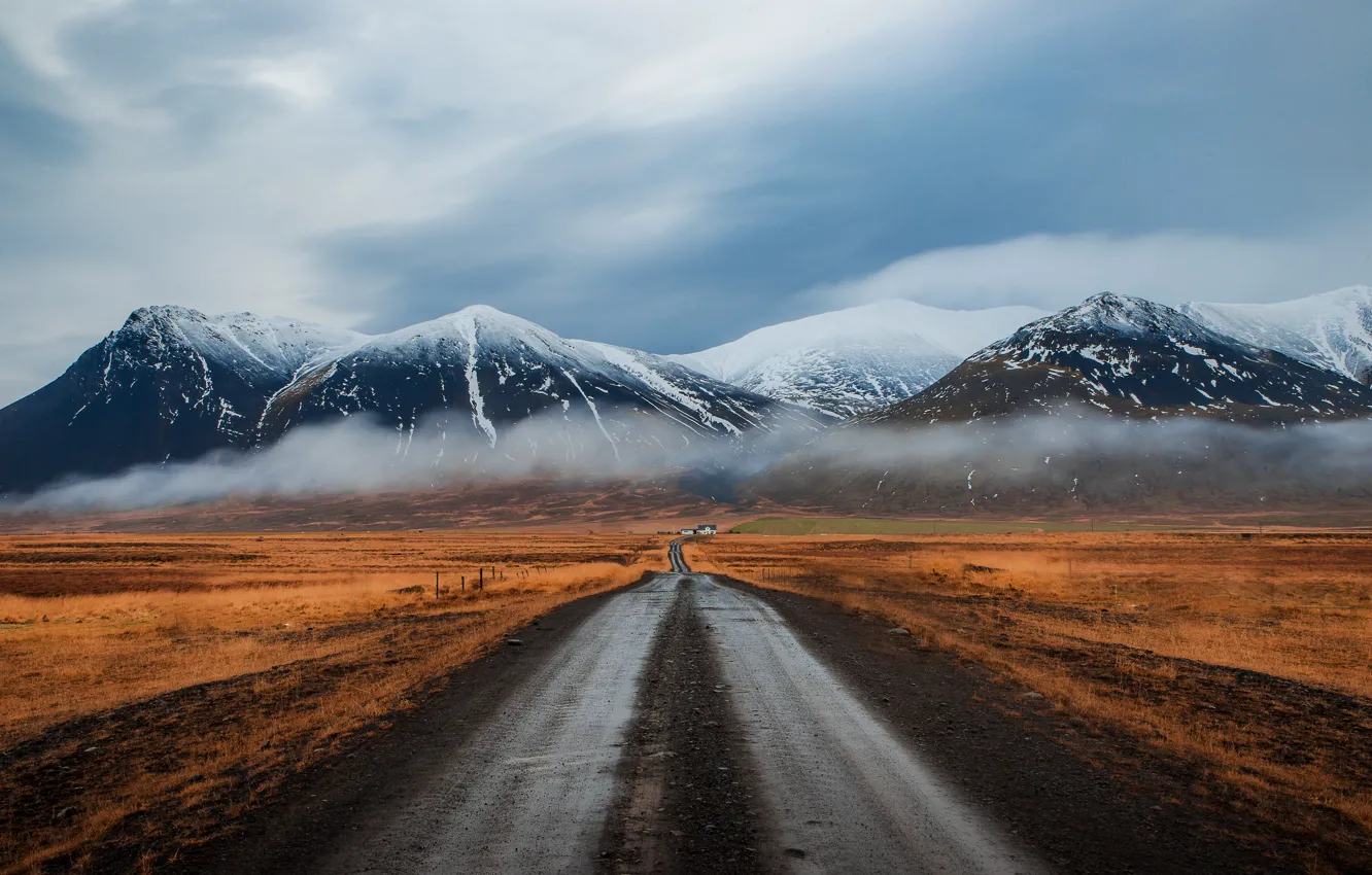 Фото обои дорога, горы, туман, Исландия