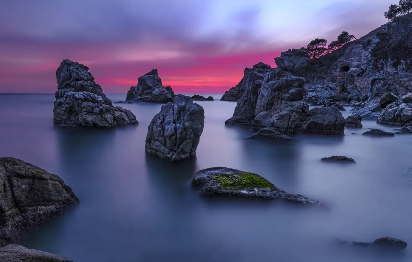 Фото обои море, пейзаж, закат, природа, скалы, Испания, Lloret de Mar, Льорет-де-Мар