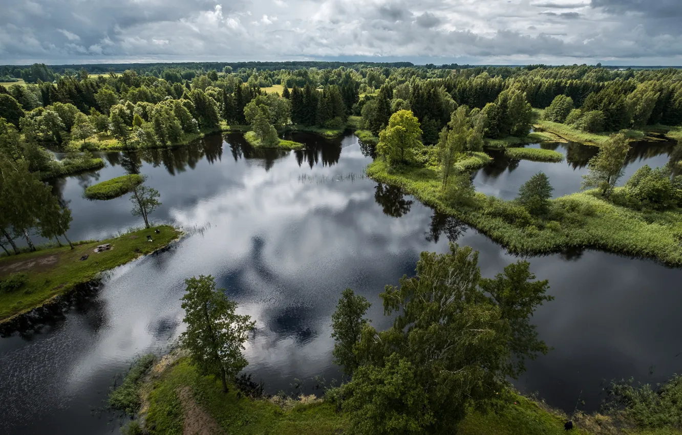 Фото обои лес, деревья, панорама, озёра, Литва, Lithuania, Киркилайские озёра, Биржай