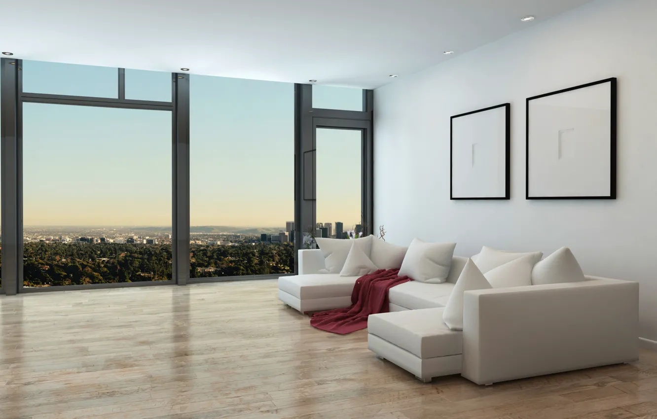 Фото обои дизайн, стиль, интерьер, минимализм, софа, гостиная, Panoramic high-rise apartment, Панорамная высотная квартира