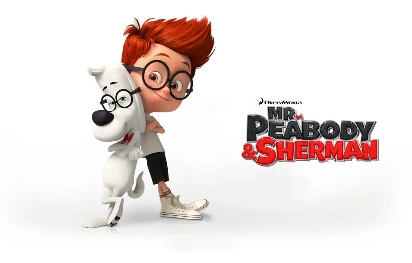 Фото обои мультфильм, собака, мальчик, очки, белый фон, персонажи, Sherman, Приключения мистера Пибоди и Шермана