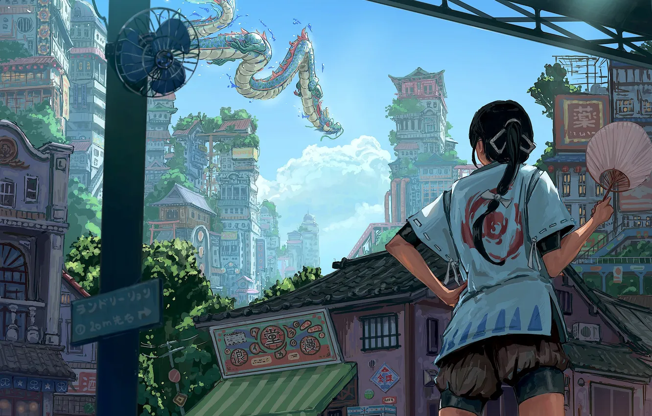 Фото обои city, girl, fantasy, sky, clouds, street, dragon, asian