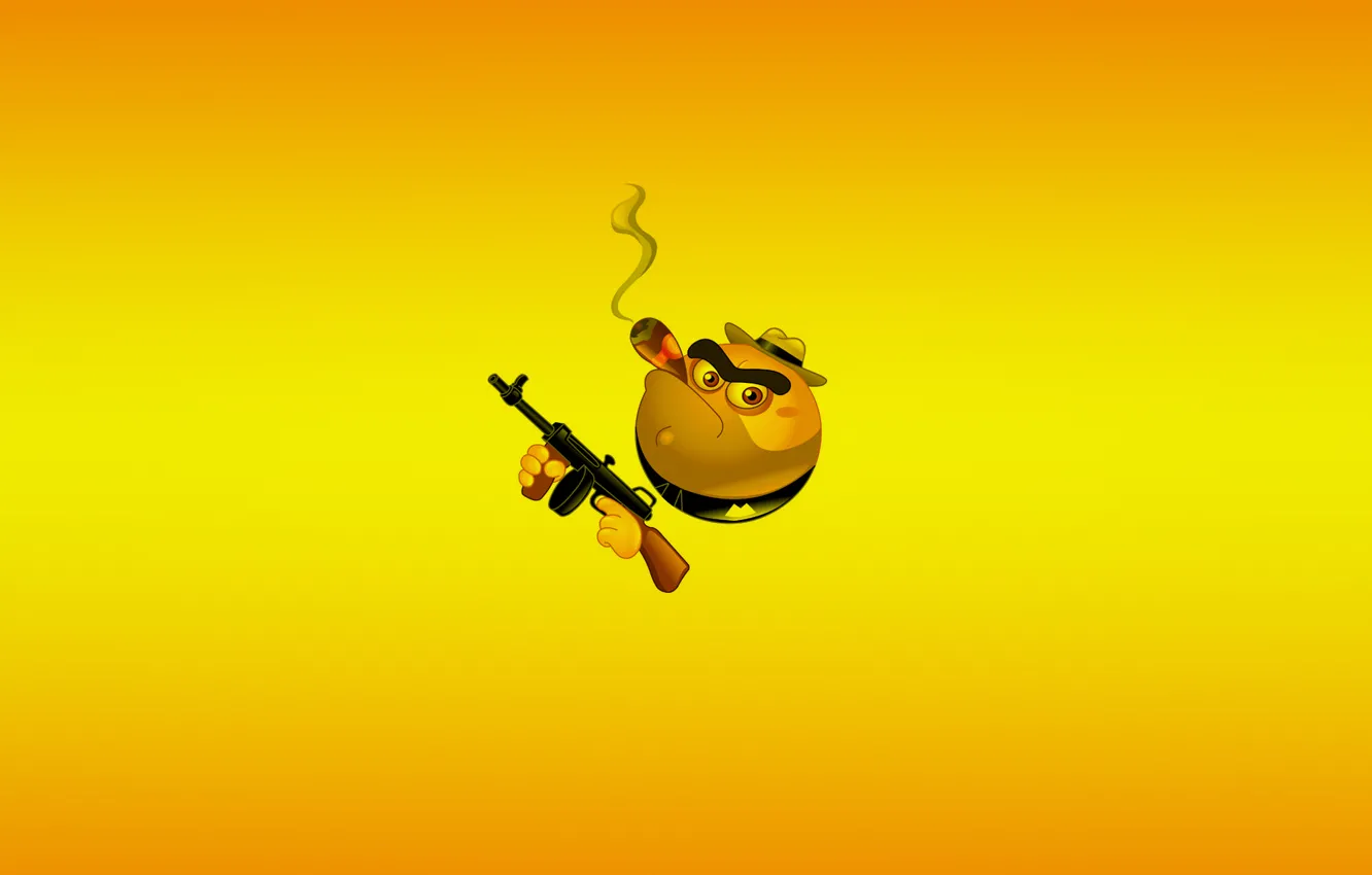 Фото обои желтый, оружие, минимализм, смайл, автомат, сигара, smile, гангстер