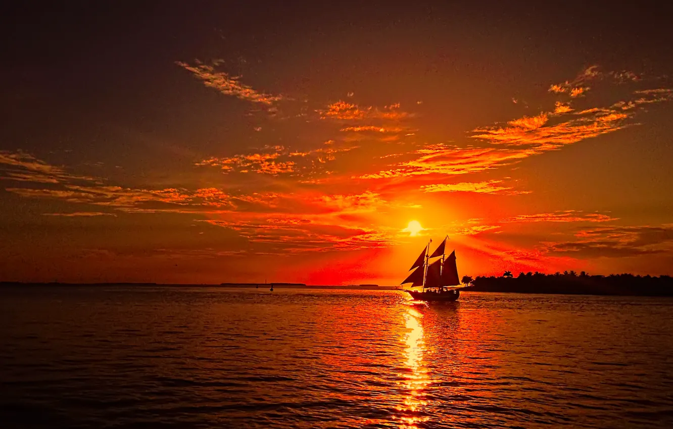 Фото обои море, солнце, закат, красный, берег, парусник