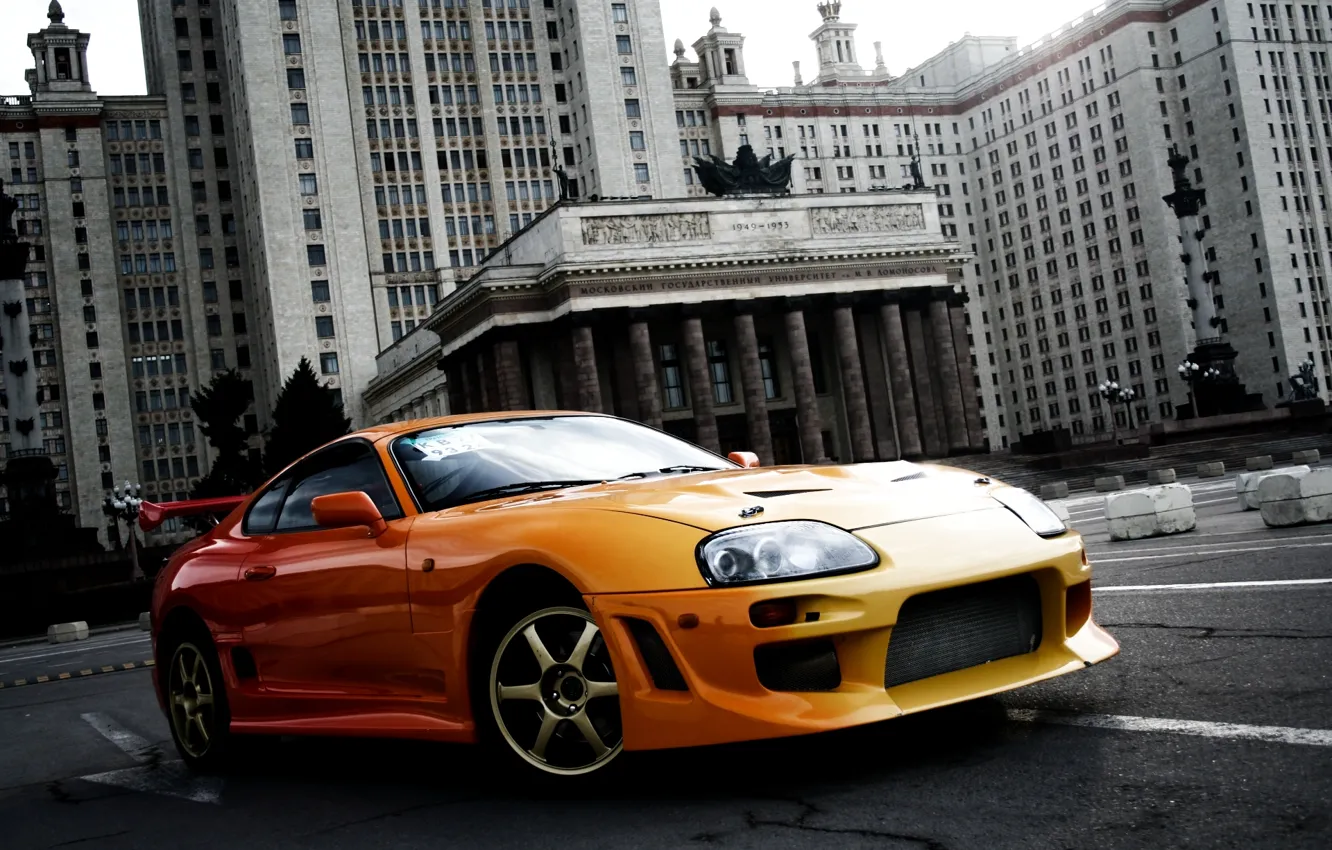 Фото обои оранжевый, фон, тюнинг, здание, спорткар, Toyota, МГУ, tuning