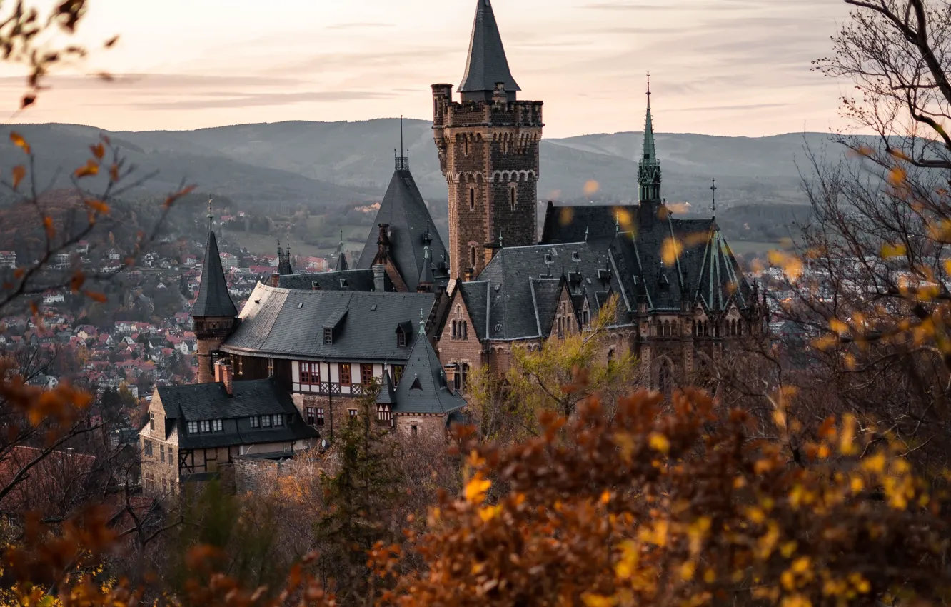 Фото обои осень, пейзаж, горы, природа, город, замок, дома, Германия