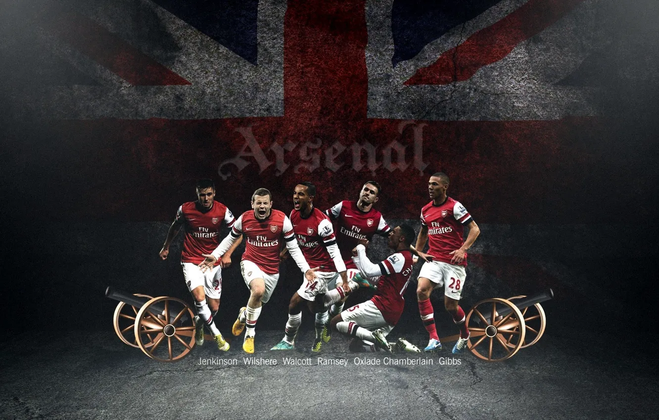 Фото обои флаг, Арсенал, игроки, Arsenal, англичане, Football Club, The Gunners, Theo Walcott