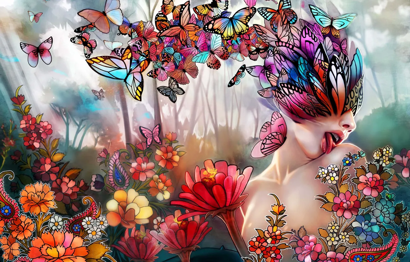 Фото обои язык, девушка, бабочки, цветы, коллаж, арт