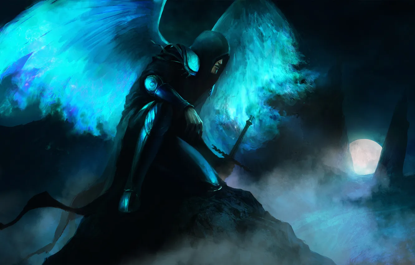 Фото обои туман, скалы, луна, камень, темно, крылья, меч, арт