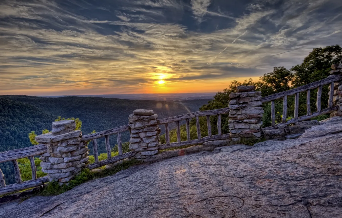 Фото обои закат, панорама, площадка, West Virginia, Coopers Rock State Forest