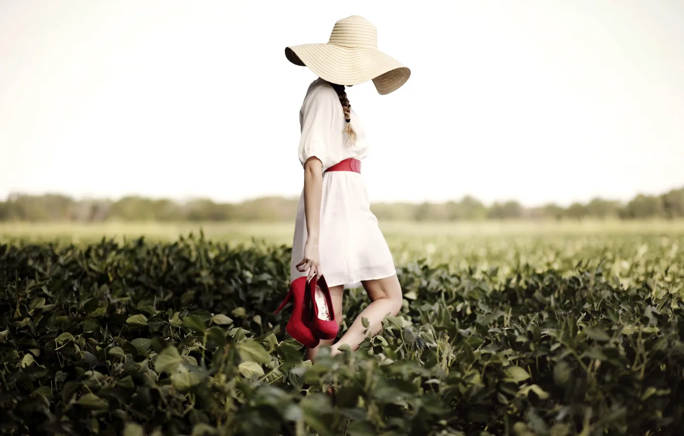 Фото обои поле, девушка, туфли, шляпка