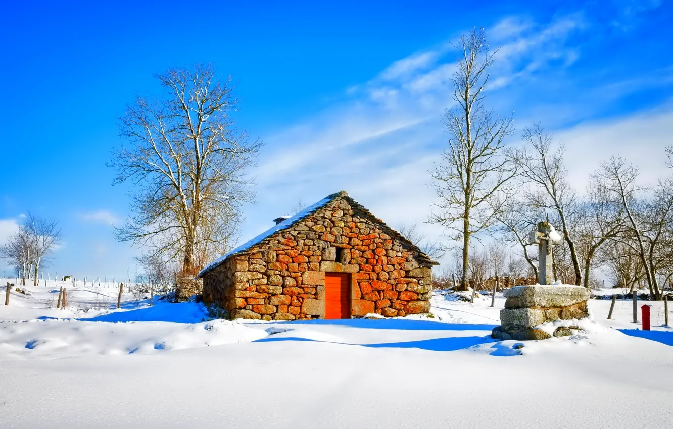Фото обои зима, небо, снег, деревья, домик