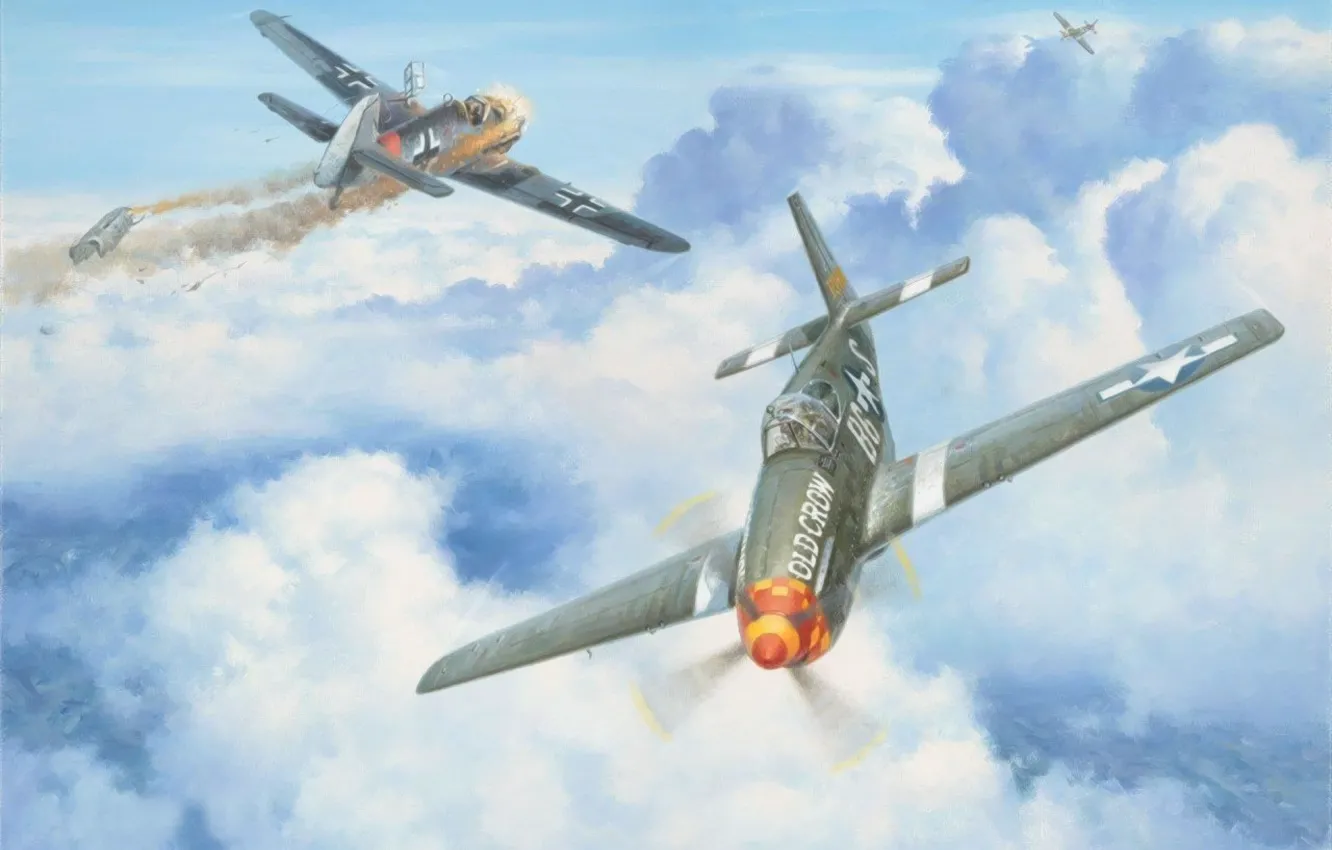 Фото обои art, painting, aviation, ww2, dogfight, P 51 Mustang