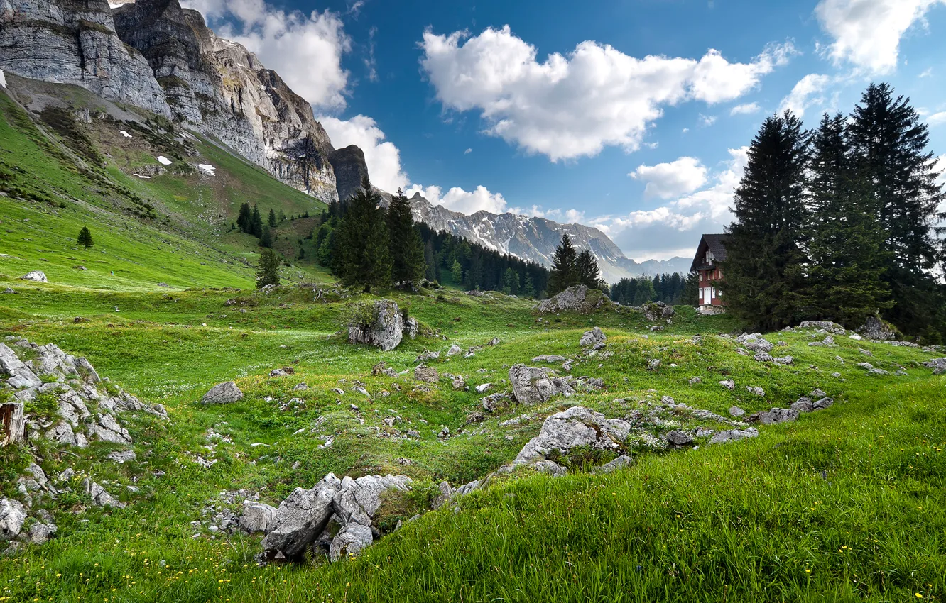 Фото обои небо, деревья, горы, дом, камни, Альпы, Alps, пограничная область