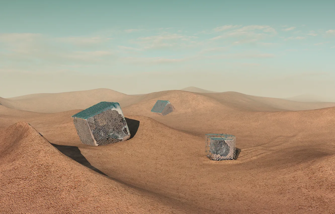 Фото обои fantasy, desert, grid, render, sand, cubes, surrealism, blender3d
