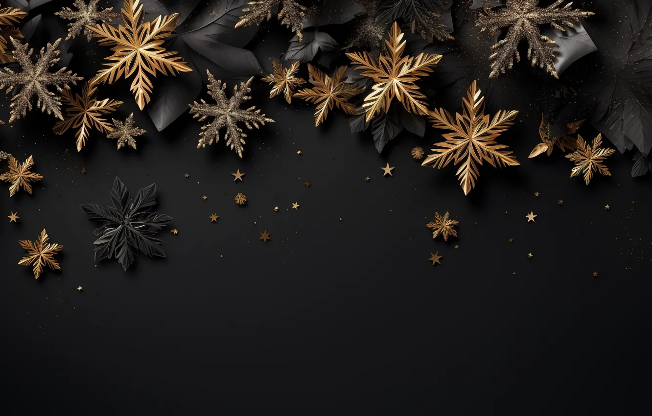 Фото обои снежинки, фон, золото, черный, Новый Год, Рождество, golden, black