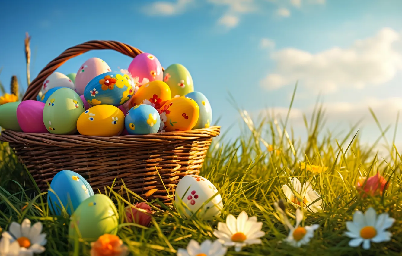 Фото обои цветы, корзина, поляна, яйца, весна, colorful, Пасха, happy