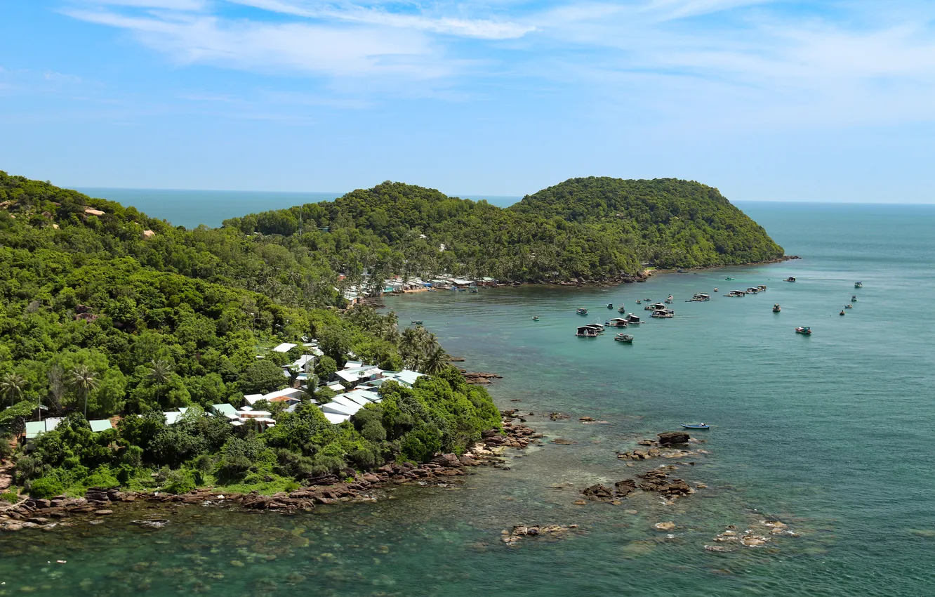 Фото обои green, sea, Vietnam, boats, islands, Siam Bay, Phu Quoc, Евгений Макаров