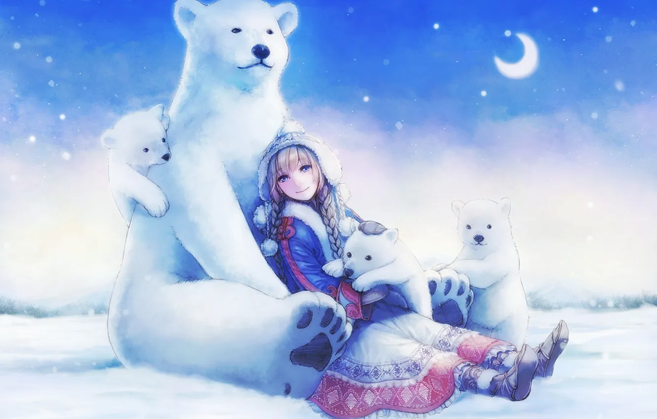 Фото обои зима, девушка, снег, улыбка, шапка, месяц, аниме, медведи