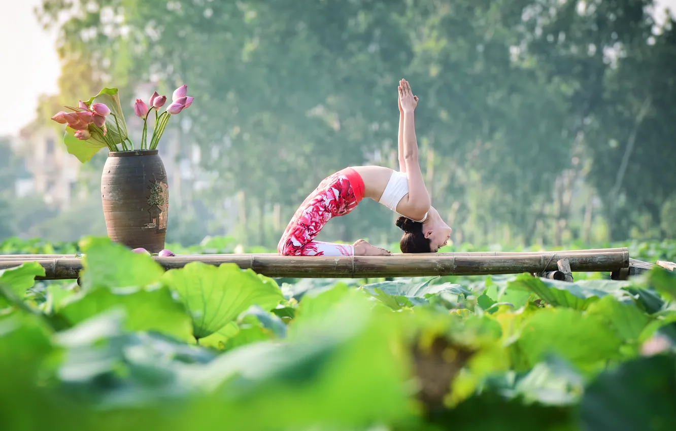 Фото обои девушка, природа, поза, гимнастика, йога, азиатка