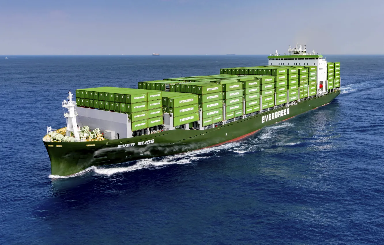 Фото обои Океан, Море, Судно, Контейнеровоз, Vessel, Грузовое судно, Container Ship, Evergreen Marine Corporation